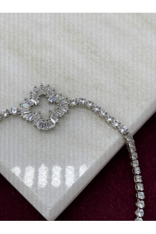 Büyük Taşlı Yaprak Detaylı Silver Bileklik Silver