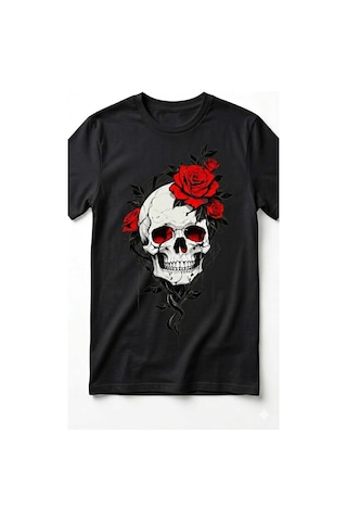 Erkek Kuru Kafa Kırmızı Gül Detayı Baskılı Pamuklu Regular T-shirt Siyah