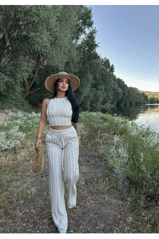 Evoa Kadın Bej Halter Yaka Crop & Bol Paça Pantolon Fırfır Detaylı Gagari Takım Bej Bej