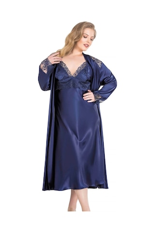 Aria's Closet Arias Closet Büyük Beden Lacivert Uzun İkili Saten Sabahlık Gecelik Takımı Lacivert
