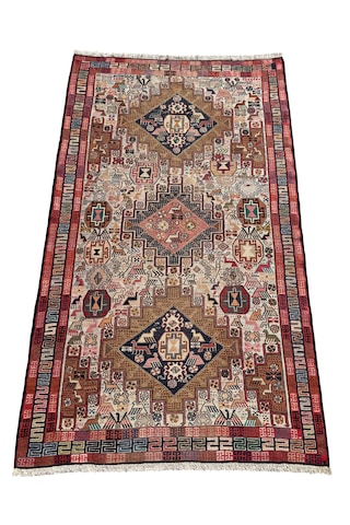 El Dokuma İran Şahseven Kilimi 113x190 Kırmızı Kök Boya %100 Yün Kilim Renkli