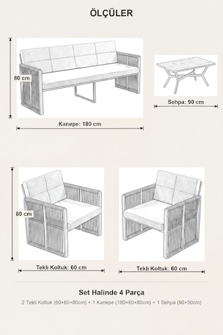 Maris Bahçe Balkon Oturma Takımı Metal Karkas, 3+1+1 Koltuk, Antrasit Kahve