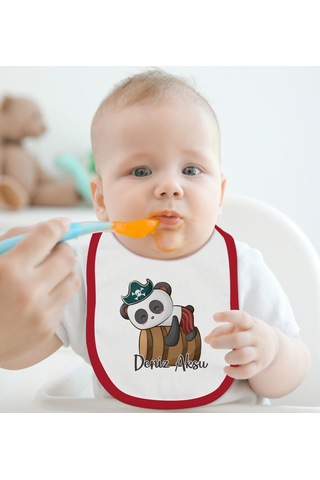BK Kids Kişiye Özel Sevimli Korsan Tasarımlı Kırmızı Mama Önlüğü Kırmızı