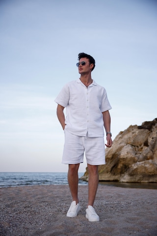 Beyaz Renk Gömlek Şort Erkek Keten Takım-1765 Beyaz