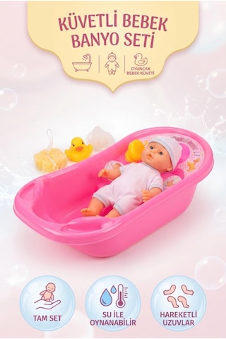 Küvetli Bebek Banyo Seti 25 Cm Oyuncak Bebek Ve Küvet Aksesuarlı Tam Set Krem