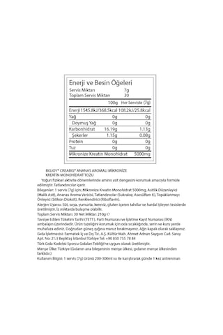 Kreatin Creabig 210gr 30 Servis Ananas Aromalı Creatine Monohydrate %100 Mikronize Aromasız