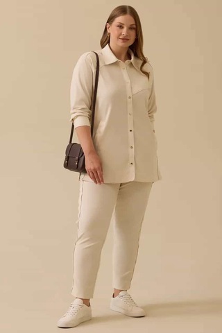 Kadın Büyük Beden Fitilli Bilek Boy Pantolon - Bej 4358892