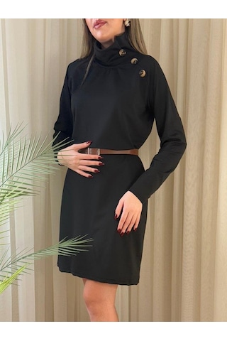 Kadın Uzun Kollu Balıkçı Yaka Düğme Detaylı Kısa Şardonlu Dalgıç Elbise Siyah