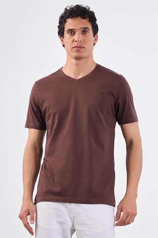 Dufy Kahve V Yaka Pamuklu Düz Renk Slim Fit Erkek T-shirt Kahve