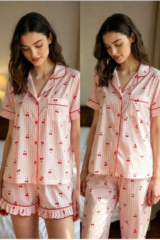 Mh Moony Homewears Gingham Kiss 3'lü Yumuşacık Pijama Beyaz Somon