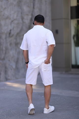 Çağla Yeşili Renk Gömlek Şort Erkek Keten Takım Oversize Kalıp Beyaz
