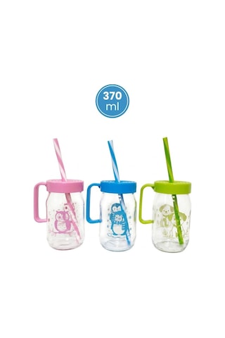 3'lü Pipetli Kulplu Cam Çocuk Meşrubat Bardağı Seti, Figürlü Süt Meyve Suyu Su Bardağı 3x370 Ml Şeffaf