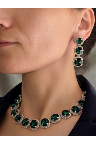 Riviere Kristal Taşlı Çiçek Model Yeşil Renkli Kolye Küpe Set