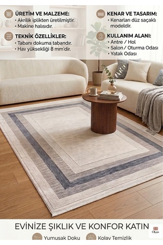 Modern Çizgili Salon Halısı %100 Akrilik Dokuma Yumuşak Dokulu Leke Dirençli Antre Oturma Odası 8mm Gri