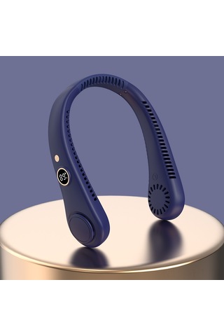 Hangfox Navy Renkli Dijital Göstergeli Ellerden Bağımsız Boyun Fanı - Sürekli Soğutma, Usb Şarjlı, Sessiz Çalışma, Spor Ve Günlük Kullanım