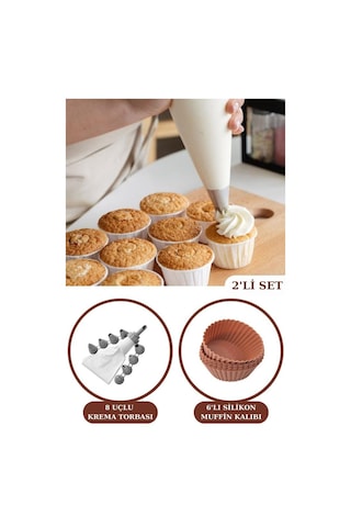 Silicolife 6’lı Airfryer Silikon Kek Muffin Kalıbı ve 8 Uçlu Krema Sıkma Torbası Duy Seti