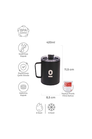 Paslanmaz Çelik Siyah Metal Kupa 420 ML Vakum Kapaklı Isı Yalıtımlı No:91