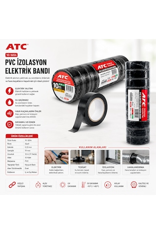 10 Adet Lüx Siyah Pvc İzolasyon Elektrik Bandı 0.13x19x11yds 10mm - 1 Paket Gönderilir - 1 Paket İçinde 10 Adet Ba Belirtilmemis