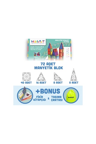 Magly Manyetik Yapı Blokları – Çocuklar Için Renkli 3 Boyutlu 72 Parça Manyetik Karo Oyun Seti