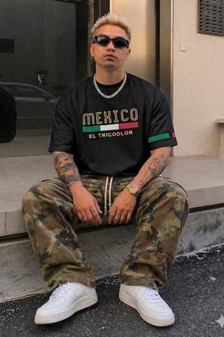 Tarz Cool Erkek Regular Baskılı Tişört Mexico Yazılı %100 Pamuk Rahat Kesim T-shirt Siyah
