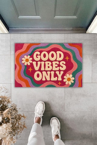 Rugmood Good Vibes Only Boho Retro Dekoratif Kapı Önü Paspası 70x45 Cm Çok Renkli