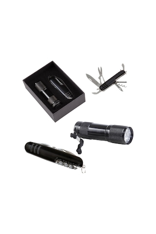 Kutusunda 7 Fonksiyonlu Çakı & 9 Led Metal El Feneri İkili Set Siyah