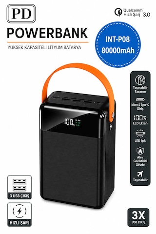 80.000mah Taşınabilir Powerbank Hızlı Şarj 3 Usb Çıkışlı Type-c Lightning Kablo Lcd Gösterge Siyah - Siyah