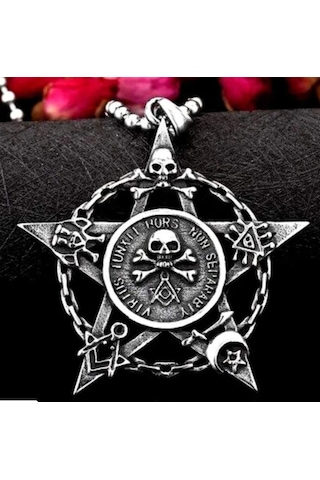 Paslanmaz Çelik Okült Sembollü Erkek Gotik Kurukafa Pentagram Kolye Çelik