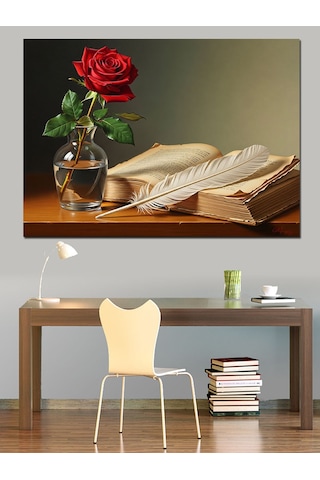 Kırmızı Gül Ve Kitap Dekoratif Kanvas - Mdf Ahşap Tablo