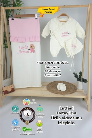 Gros Shop Müslin Yeni Doğan 4katlı Organik %100pamuk Kişiye Özgü Nakışlı Hastane Çıkış Seti-tavşan Model-1 Ekru