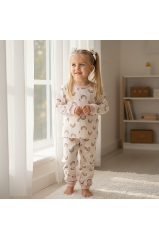 Gökkuşağı Desenli Kız Çocuk Pijama Takım Pudra