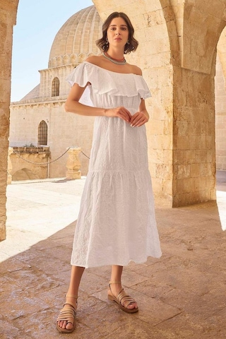 Monamise 23078 Kadın Volanlı Fisto Elbise-beyaz Beyaz