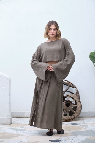 Unika Boutique Ham Keten Bohem Bluz Etek Takım Haki
