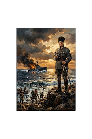 Kayalıkta Atatürk Ve Çanakkale Savaşı Dekoratif Kanvas - Mdf Ahşap Tablo