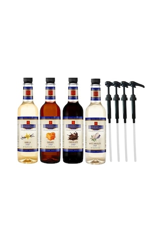 Kahve Ve Kokteyl Şurubu 700 Ml 4'lü Set Karamel+vanilya+çikolata+beyaz Çikolata + 4 Adet Pompa