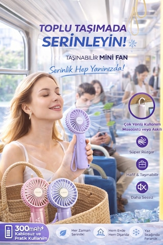 Taşınabilir Mini Fan 300mah Kablosuz Sessiz Güçlü Motor Yaz İçin Serinlik Sağlar 3 Kademeli Serinlik
