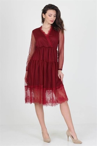 Dip Moda Kadın Kruvaze Yaka Eteği Güpürlü Elbise Dpnb0010 Bordo