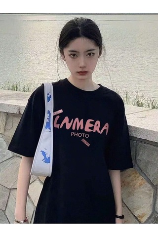Lnmera T-shirt - Siyah Baskılı Oversize Bisiklet Yaka Kısa Kol Siyah
