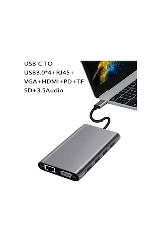 Type-c To Hdmı Adaptör 11 In 1 Dört Usb 3.0 Bağlantı Noktası 4k Hdmı Vga Type C Pd Usb3.0 Rj45 Ethernet Sd Tf Kart Okuyucu 3.5mm Aux Macbook Pro Air Uyumlu Acı Kahverengi