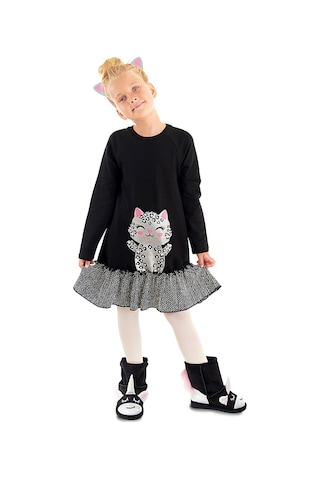 Denokids Gümüş Leopar Kız Çocuk Siyah Elbise Siyah
