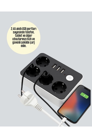 Flzdgnkr 4 Prizli 3 Usb Portlu Anahtarlı Akım Korumalı Priz Diğer
