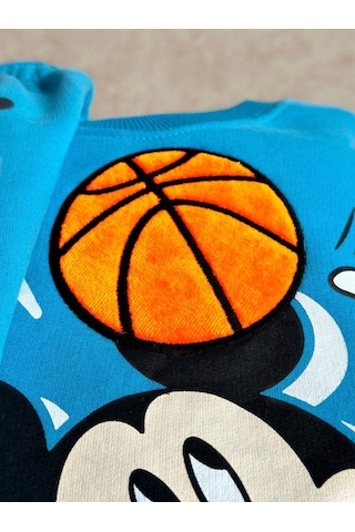 Lolliboomkids Erkek Çocuk Mickey 3d Basketball Temalı Mavi - Turuncu Renk 3 İplik Kışlık Sweatshirt Eşofman Alt Üst Takım Mavi