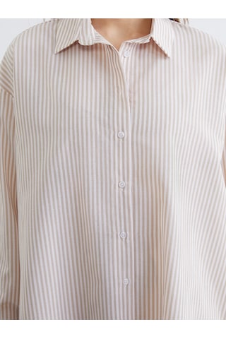 LC Waikiki Lc Waıkıkı Bej Çizgili Oversize Poplin Kadın Gömlek Tunik