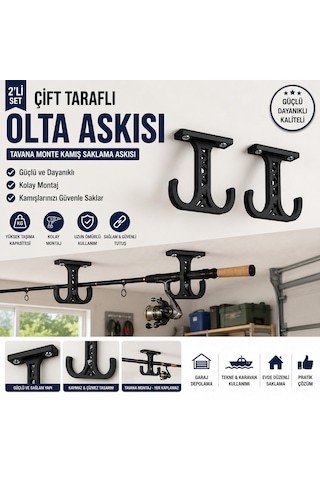 Tavan Tipi Çift Taraflı Olta Kamışı Askısı 2 Li Set Siyah