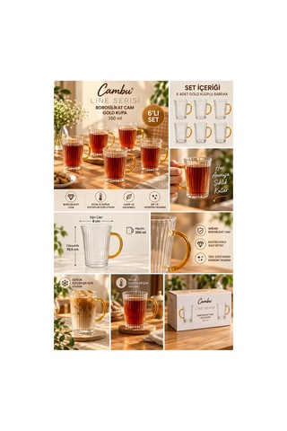 Cambu Line Serisi 6 Lı Borosilikat Cam Kupa Seti 350 Ml Gold Kulplu Çizgili Cam Kupa Çok Renkli