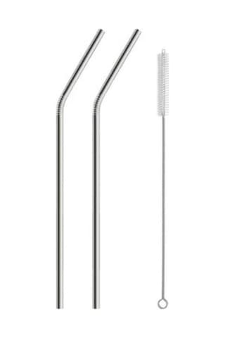 2 Li Paslanmaz Çelik Pipet + Temizleme Fırçası Gümüş
