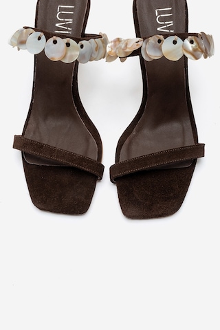 Luvishoes Arund Kahverengi Süet Hakiki Deri Sedef Pul Aksesuarlı Kadın İnce Topuklu Terlik