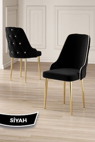 Canisa Vae Serisi 90x160 Lak Panel Beyaz Mermer Desen Gold Ayak Masa Takımı 6 Siyah Sandalye Beyaz Mermer Desen Masa Sandalyeler Siyah