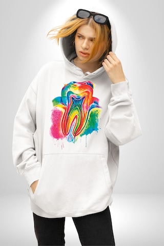 Diş Doktoru Diş Anatomisi Özel Tasarım Kadın Erkek Beyaz Kapüşonlu Sweatshirt Hoodie Beyaz