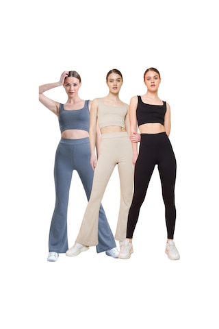 Fitilli Kare Yaka Esnek Örme Crop Büstiyer 3'lü Atlet Set Antrasit - Bej - Siyah